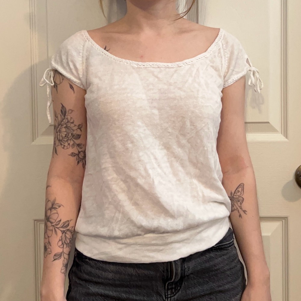 White Linen Wide Neck Sweater Top with Sleeve Ties